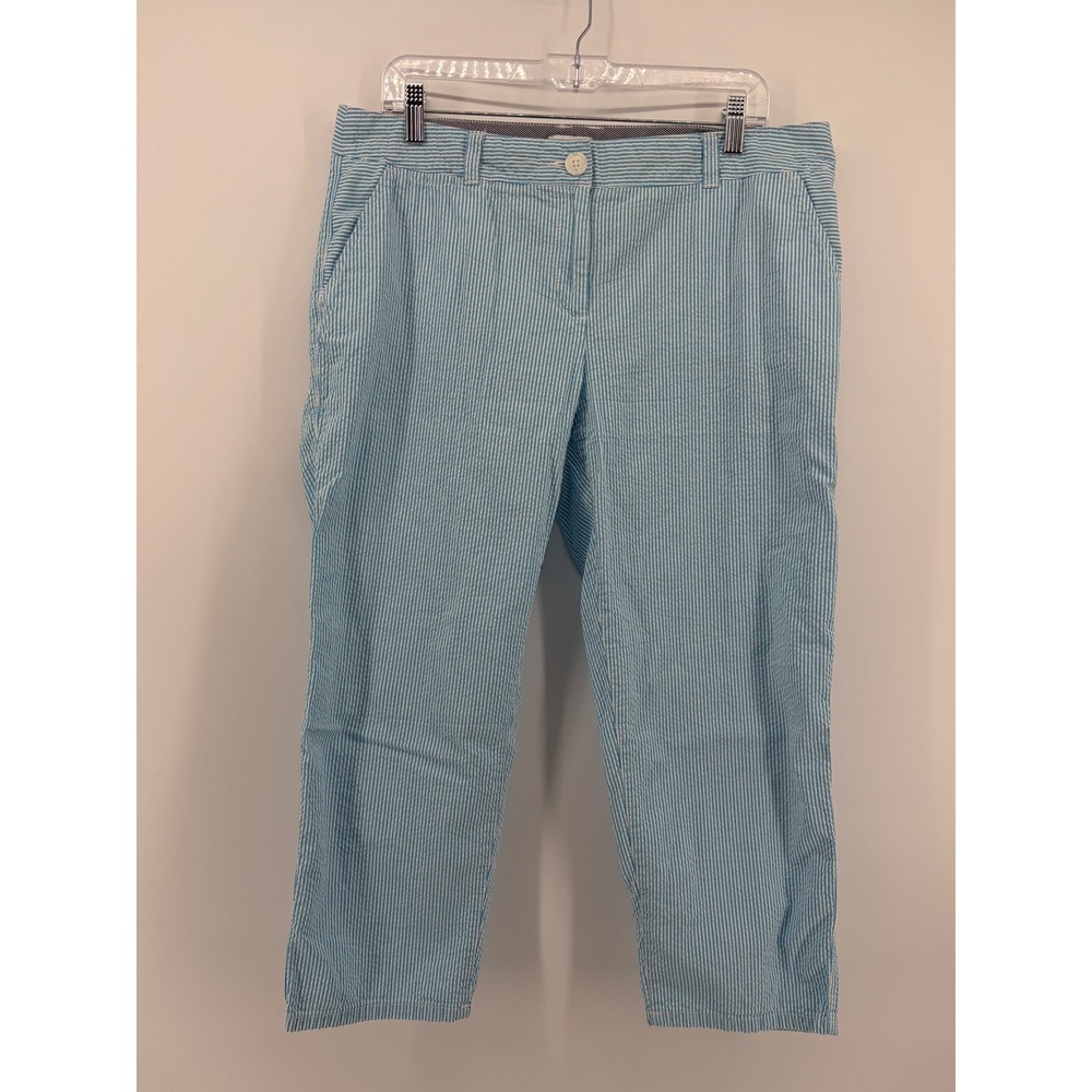 Crown & Ivy Womens 12 Blue Seersucker Striped Cotton Straight Leg Crop Pants